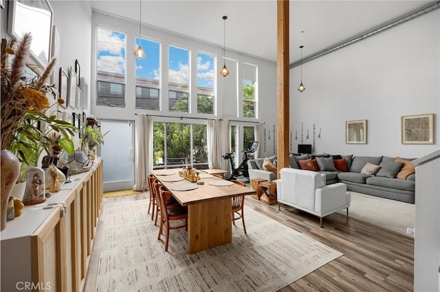 4215 Glencoe Ave Unit 103, Marina Del Rey, CA 90292 - dining space with a towering ceiling, light wood-style flooring, and plenty of natural light