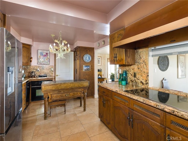 30040 Grandpoint Ln, Rancho Palos Verdes, CA 90275 - kitchen with black appliances, decorative backsplash, premium range hood, a chandelier, and brown cabinetry