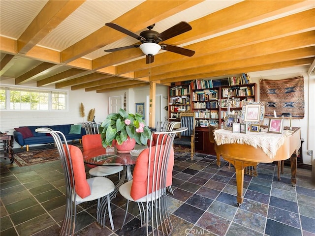 30040 Grandpoint Ln, Rancho Palos Verdes, CA 90275 - dining room with ceiling fan, beamed ceiling, and stone finish flooring