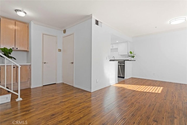 4511 Murietta Ave Unit 8, Sherman Oaks, CA 91423 - unfurnished living room with stairs, crown molding, wood finished floors, and baseboards