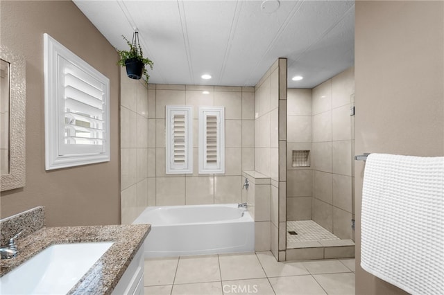 24472 Cornstalk Rd, Wildomar, CA 92595 - full bathroom featuring tile patterned floors, a tile shower, a bath, vanity, and recessed lighting