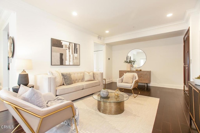 130 S Mentor Ave Unit 205, Pasadena, CA 91106 - living room with crown molding, baseboards, dark wood-style floors, and recessed lighting