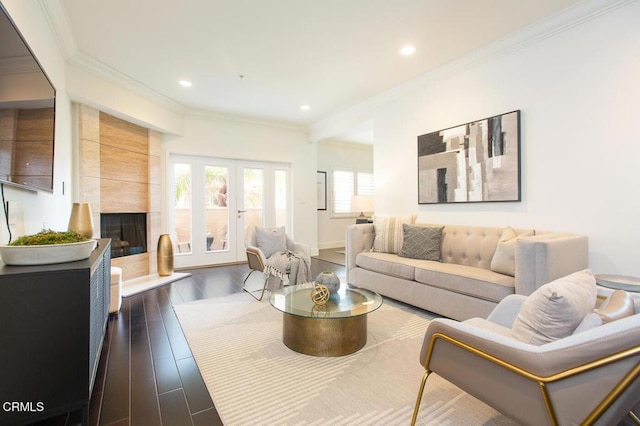 130 S Mentor Ave Unit 205, Pasadena, CA 91106 - living room featuring ornamental molding, french doors, dark wood-type flooring, recessed lighting, and a high end fireplace