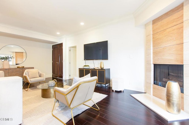 130 S Mentor Ave Unit 205, Pasadena, CA 91106 - living room featuring crown molding, wood-type flooring, a premium fireplace, recessed lighting, and baseboards