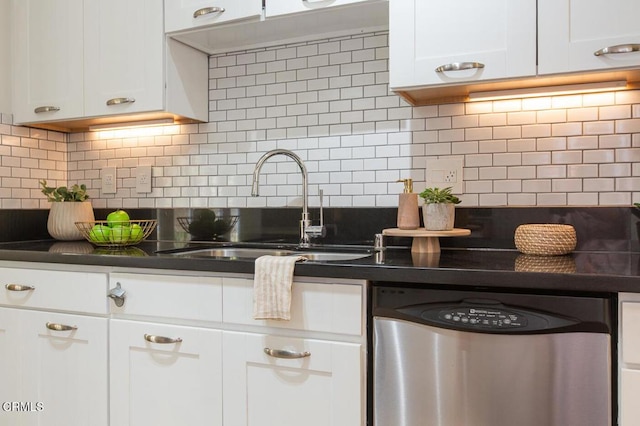 130 S Mentor Ave Unit 205, Pasadena, CA 91106 - kitchen with dishwasher, a sink, dark countertops, white cabinets, and backsplash