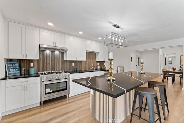 17924 E Kelby St, Covina, CA 91722 - kitchen featuring high end stove, under cabinet range hood, a sink, light wood-style flooring, and recessed lighting