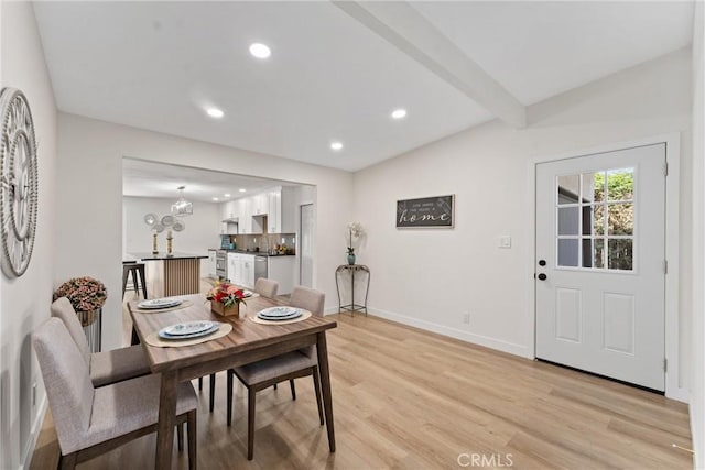 17924 E Kelby St, Covina, CA 91722 - dining space with light wood finished floors, recessed lighting, baseboards, beam ceiling, and a chandelier