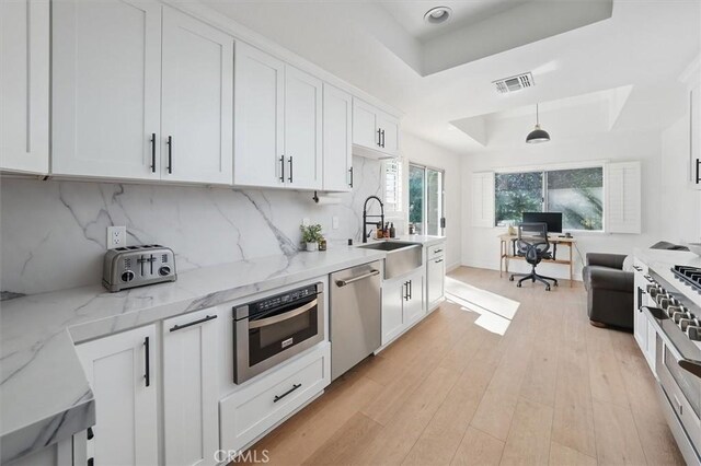 24148 Saint Moritz Dr, Valencia, CA 91355 - kitchen featuring a sink, stainless steel appliances, a tray ceiling, white cabinetry, and light wood-style floors