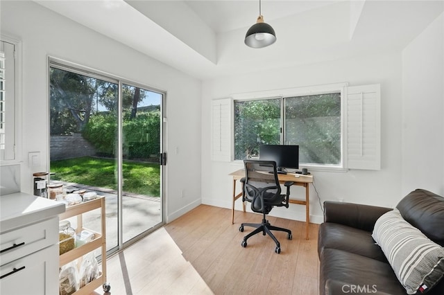 24148 Saint Moritz Dr, Valencia, CA 91355 - office space with light wood-style flooring, plenty of natural light, baseboards, and a tray ceiling
