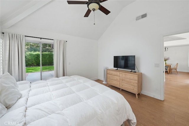 24148 Saint Moritz Dr, Valencia, CA 91355 - bedroom with access to exterior, high vaulted ceiling, light wood-style flooring, baseboards, and beamed ceiling