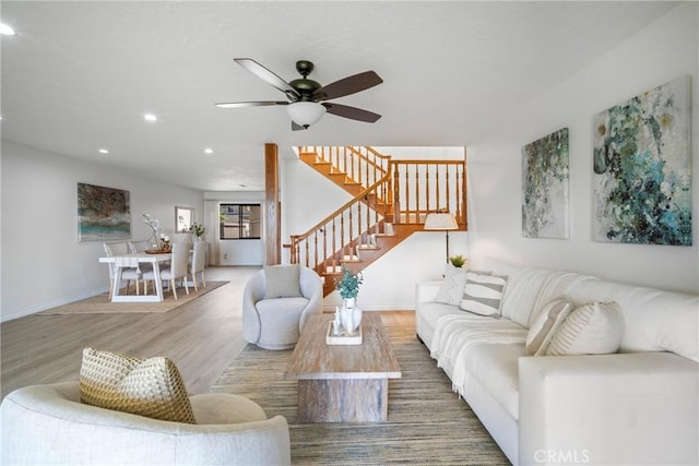 319 Calle Cuervo, San Clemente, CA 92672 - living room featuring ceiling fan, wood finished floors, stairs, recessed lighting, and baseboards