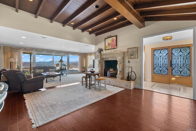 10310 Fuerte Dr, La Mesa, CA 91941 - living room with a high end fireplace, hardwood / wood-style floors, wood ceiling, recessed lighting, and french doors