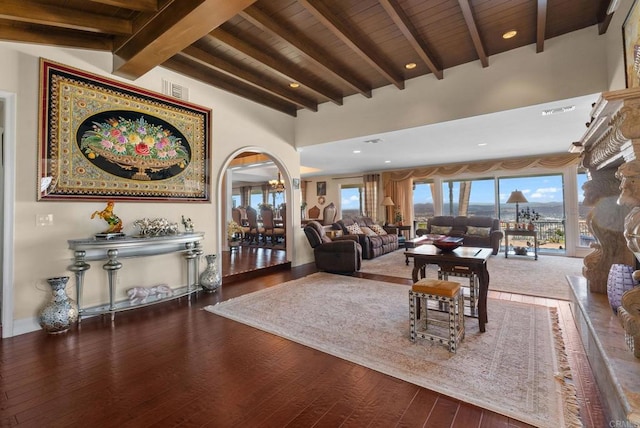 10310 Fuerte Dr, La Mesa, CA 91941 - living room with hardwood / wood-style flooring, wooden ceiling, and arched walkways