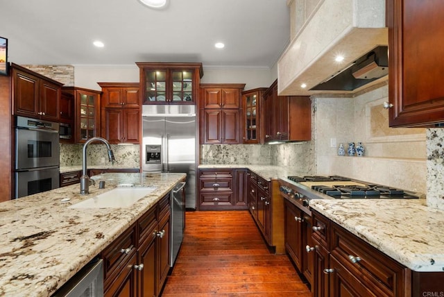 10310 Fuerte Dr, La Mesa, CA 91941 - kitchen featuring custom exhaust hood, appliances with stainless steel finishes, dark wood-style floors, crown molding, and light stone countertops