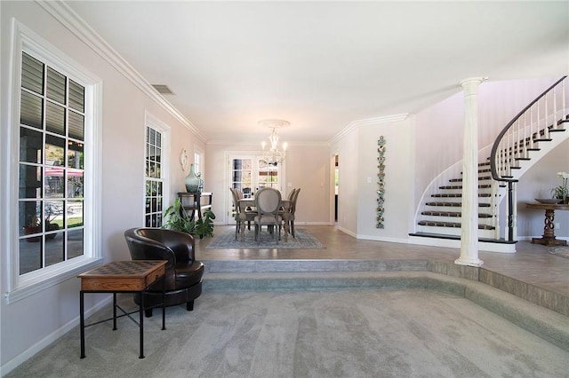 2934 Remy, Burbank, CA 91504 - dining space featuring a chandelier, stairway, baseboards, carpet floors, and ornamental molding