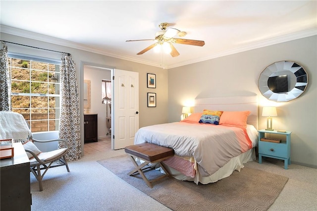 2934 Remy, Burbank, CA 91504 - bedroom with light carpet, crown molding, ensuite bathroom, ceiling fan, and baseboards