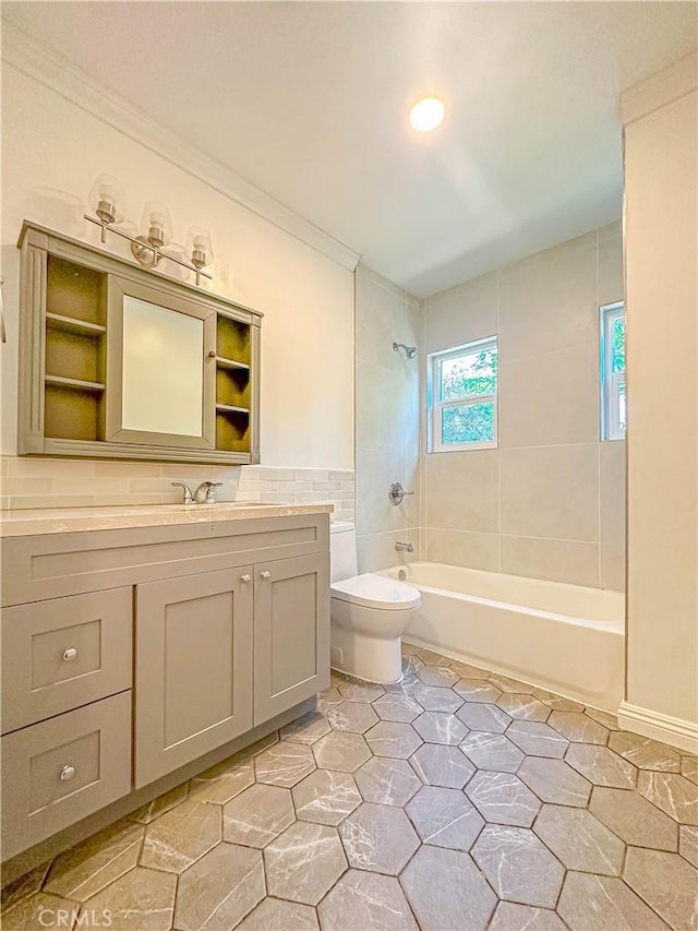 6275 Archibald Ave, Rancho Cucamonga, CA 91737 - bathroom with shower / washtub combination, toilet, crown molding, vanity, and tile patterned flooring