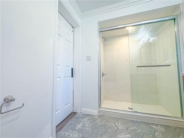 6275 Archibald Ave, Rancho Cucamonga, CA 91737 - full bath featuring a shower stall, ornamental molding, and baseboards