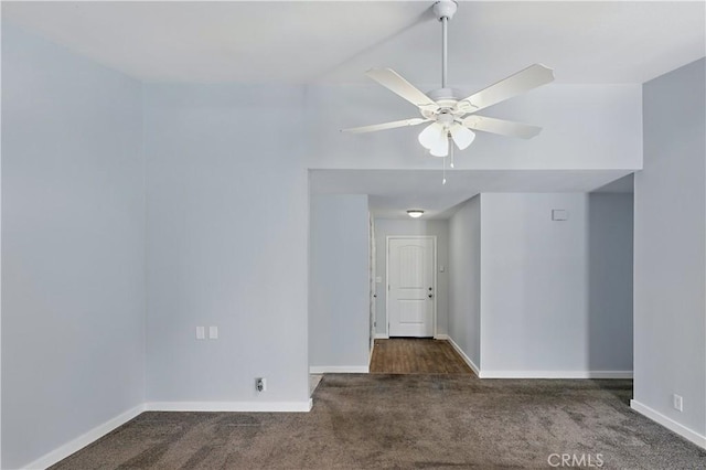 395 Columbia Ave, Merced, CA 95340 - carpeted empty room with baseboards, ceiling fan, and vaulted ceiling