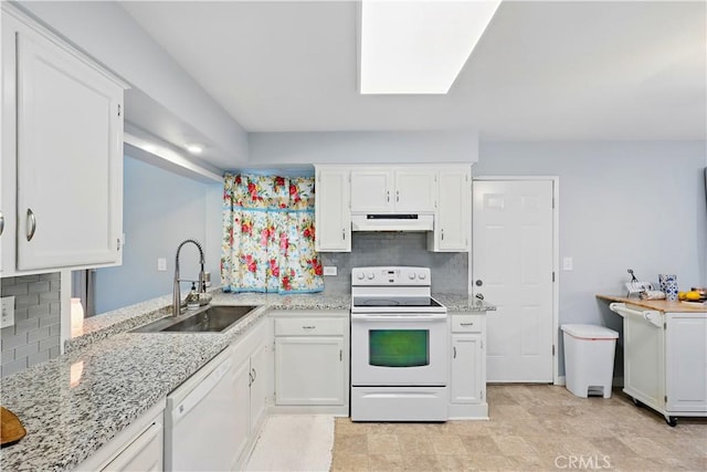 395 Columbia Ave, Merced, CA 95340 - kitchen featuring white appliances, a sink, under cabinet range hood, and tasteful backsplash