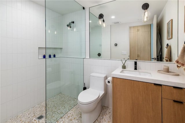 68 E F St, Encinitas, CA 92024 - full bathroom with vanity, a walk in shower, toilet, and tile walls
