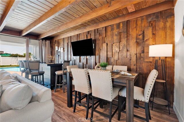 254 Piedmont Ave, Claremont, CA 91711 - dining space featuring wooden walls, wood ceiling with exposed beams, and wood finished floors