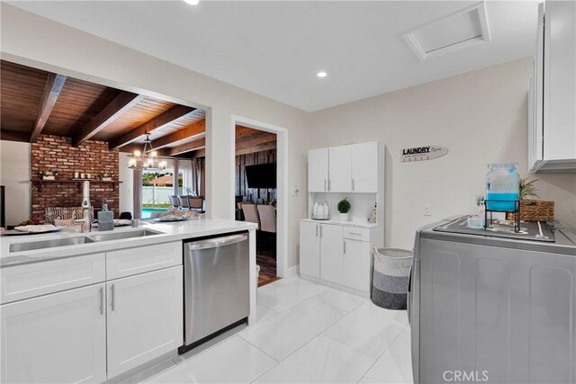 254 Piedmont Ave, Claremont, CA 91711 - kitchen with washer / clothes dryer, dishwasher, a sink, wooden ceiling with exposed beams, and white cabinetry