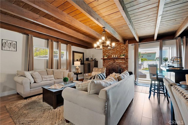 254 Piedmont Ave, Claremont, CA 91711 - living area with wooden ceiling with exposed beams, healthy amount of natural light, a chandelier, wood finished floors, and baseboards