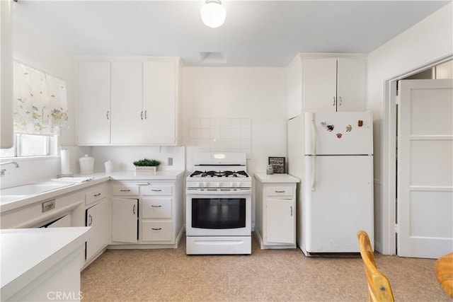 7933 Rhea Vista Dr, Whittier, CA 90602 - kitchen featuring white appliances, light countertops, a sink, and white cabinetry