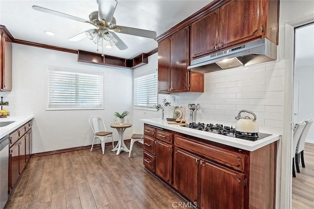 16432 Mcrae Ave, Norwalk, CA 90650 - kitchen with black gas stovetop, under cabinet range hood, ceiling fan, backsplash, and crown molding