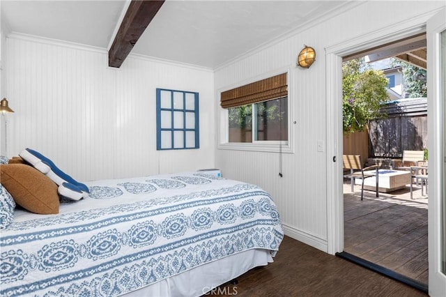 41 19th St, Cayucos, CA 93430 - bedroom with access to exterior, dark wood finished floors, crown molding, and beam ceiling