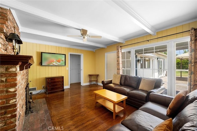13617 Bassett St, Valley Glen, CA 91405 - living area with wood finished floors, beamed ceiling, a ceiling fan, and crown molding