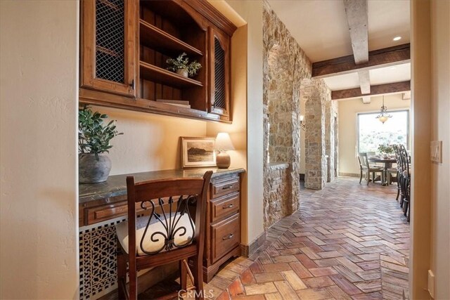 1470 Via Chaparral, Fallbrook, CA 92028 - hall with beam ceiling, brick floors, and a desk