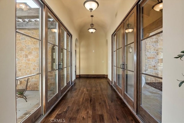 1470 Via Chaparral, Fallbrook, CA 92028 - doorway to outside with french doors, dark wood-style floors, arched walkways, and baseboards