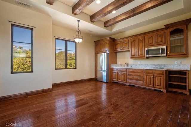 1470 Via Chaparral, Fallbrook, CA 92028 - kitchen featuring stainless steel appliances, light countertops, beam ceiling, dark wood-style flooring, and brown cabinets