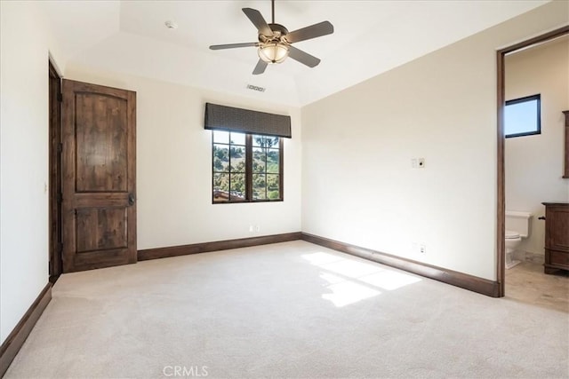 1470 Via Chaparral, Fallbrook, CA 92028 - unfurnished bedroom with light colored carpet, baseboards, ensuite bath, and a ceiling fan