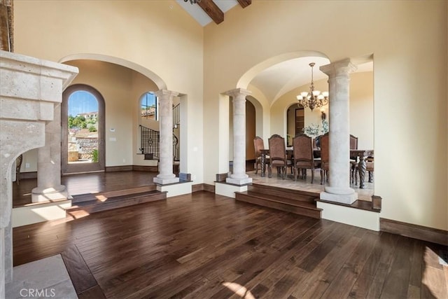1470 Via Chaparral, Fallbrook, CA 92028 - entrance foyer with wood-type flooring, high vaulted ceiling, beam ceiling, baseboards, and ornate columns