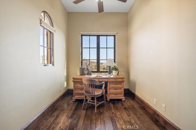 1470 Via Chaparral, Fallbrook, CA 92028 - office featuring a ceiling fan, plenty of natural light, dark wood-style floors, and baseboards