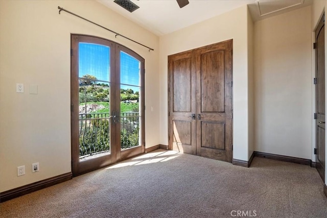 1470 Via Chaparral, Fallbrook, CA 92028 - unfurnished bedroom featuring carpet flooring, access to outside, baseboards, french doors, and ceiling fan