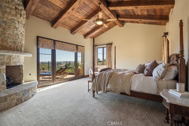 1470 Via Chaparral, Fallbrook, CA 92028 - carpeted bedroom with wood ceiling with exposed beams, access to exterior, a stone fireplace, high vaulted ceiling, and ceiling fan