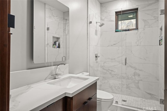 3386 Canyon Oaks Ter, Chico, CA 95928 - bathroom with toilet, a shower stall, vanity, and marble look tiles