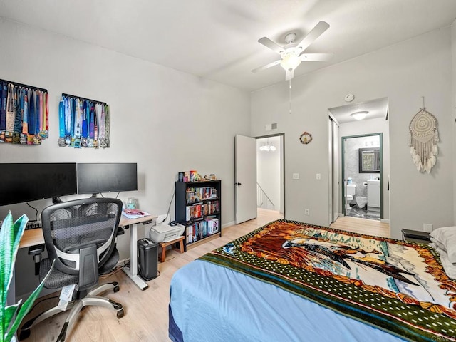 1465 E Lexington Ave Unit 11C, El Cajon, CA 92019 - bedroom featuring light wood-type flooring, a desk, connected bathroom, a ceiling fan, and attic access