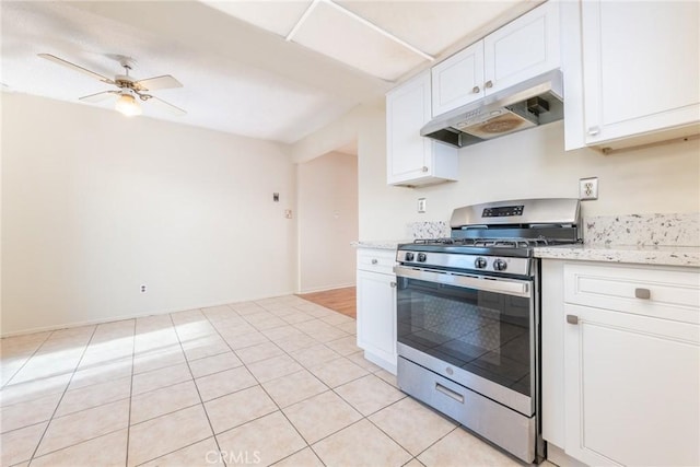 8804 Valley View St Unit C, Buena Park, CA 90620 - kitchen featuring stainless steel range with gas cooktop, under cabinet range hood, a ceiling fan, white cabinetry, and light tile patterned floors