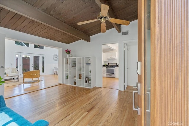 8521 Ranchito Ave, Panorama City, CA 91402 - unfurnished living room with wood ceiling, a ceiling fan, light wood-style floors, and french doors