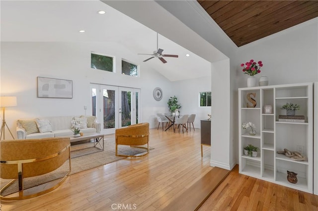 8521 Ranchito Ave, Panorama City, CA 91402 - living area featuring plenty of natural light, light wood-style flooring, ceiling fan, recessed lighting, and french doors