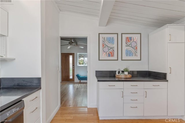 8521 Ranchito Ave, Panorama City, CA 91402 - bar featuring dishwasher, light wood-style floors, wood ceiling, baseboards, and a ceiling fan