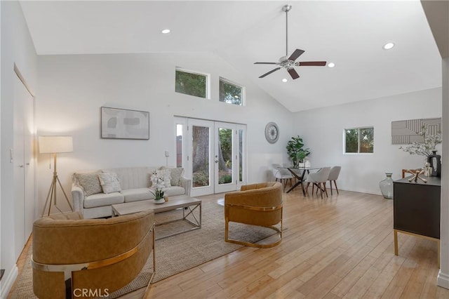 8521 Ranchito Ave, Panorama City, CA 91402 - living area with ceiling fan, french doors, high vaulted ceiling, light wood finished floors, and recessed lighting