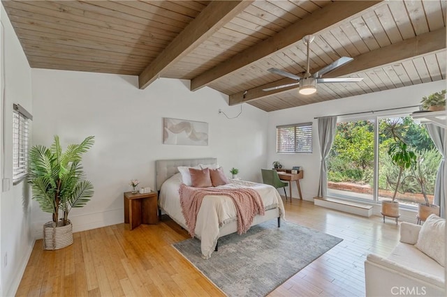8521 Ranchito Ave, Panorama City, CA 91402 - bedroom with access to outside, light wood-style floors, wooden ceiling, baseboards, and a ceiling fan