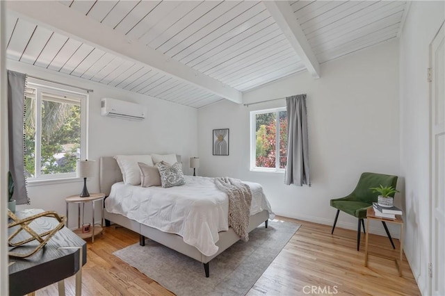 8521 Ranchito Ave, Panorama City, CA 91402 - bedroom with a wall mounted AC, light wood finished floors, and wood ceiling