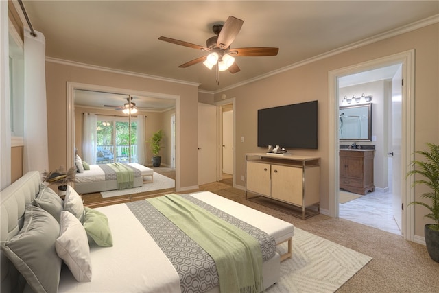 6125 Desabla Ln, Magalia, CA 95954 - bedroom with ornamental molding, light carpet, a ceiling fan, baseboards, and connected bathroom